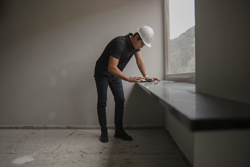 Entrepreneur avec casque de chantier qui consulte sa tablette sur un chantier